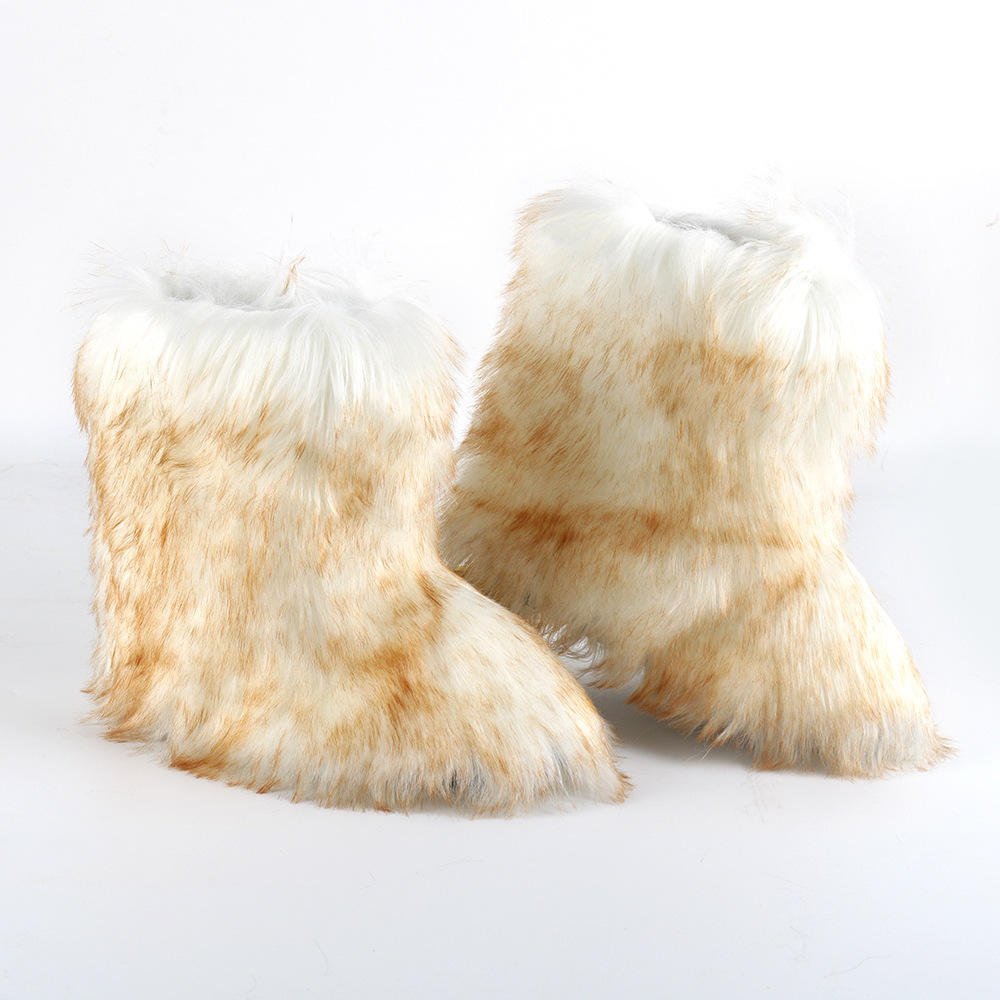 Furry Snow Boots Women Winter Flat Warm Shoes Female 2022 New Female Casual Ankle Boots OEM Rubber Plush for Women Adult 2 Pairs