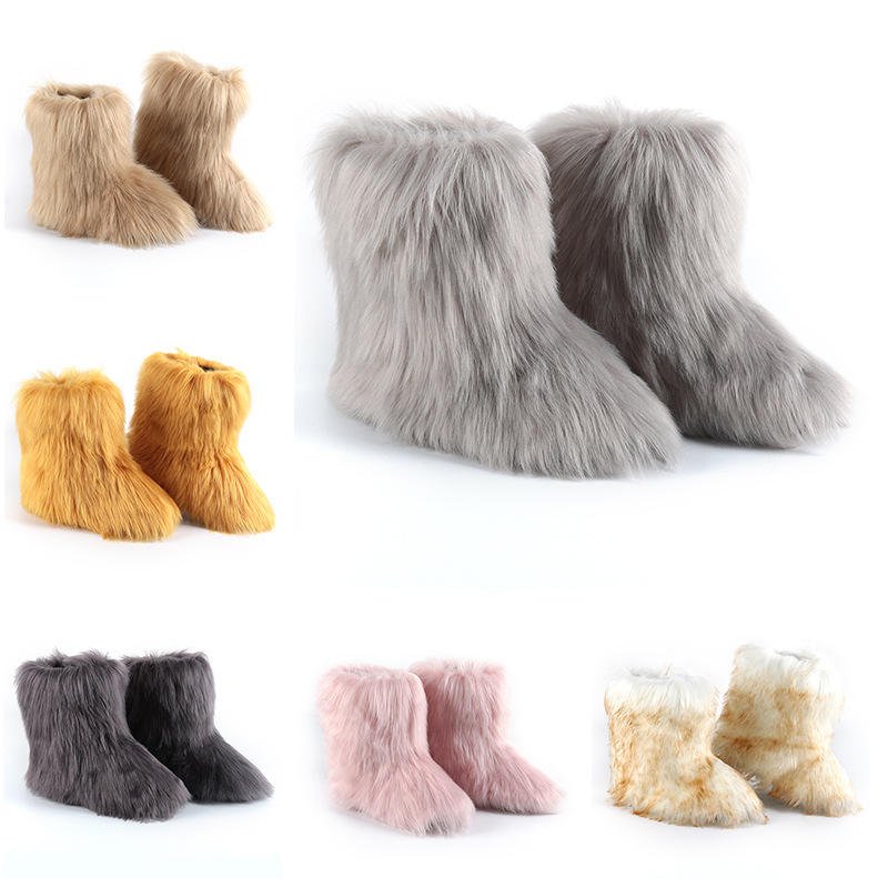 Furry Snow Boots Women Winter Flat Warm Shoes Female 2022 New Female Casual Ankle Boots OEM Rubber Plush for Women Adult 2 Pairs