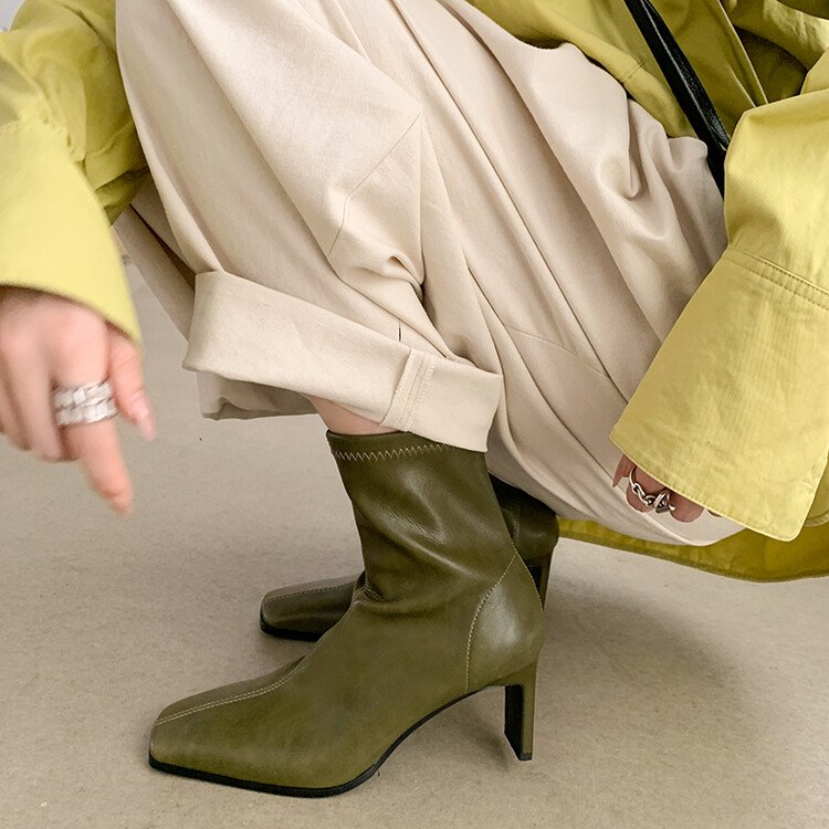 Cialisa Luxury Handmade Green Full Genuine Leather Women Short Ankle Boot Square Toe Block High Heels Shoes Ladies Camel 40