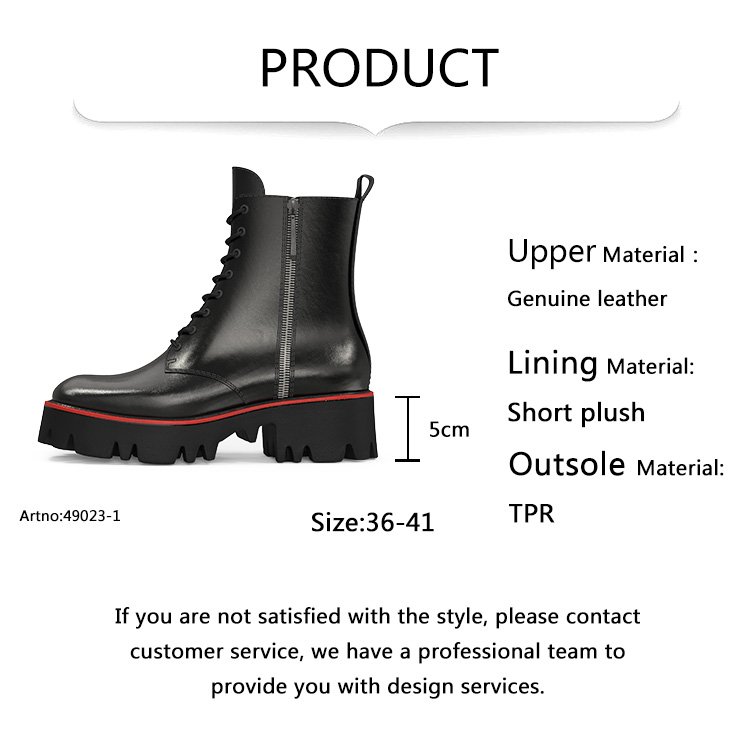 Black leather side zipper lace-up boots for women flat shoes platform boots women