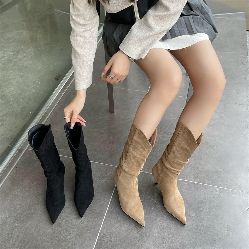 Natural Suede Embroidered Women Boots Leather Handmade Pointed Toe Spike Heel Autumn Winter Boots Cowboy New Western Retro Botas