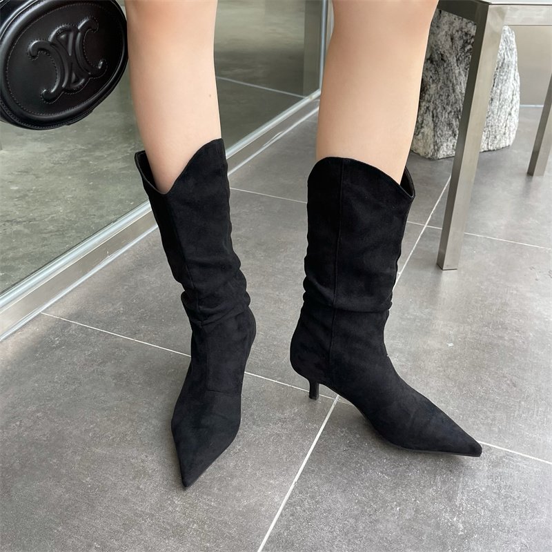 Natural Suede Embroidered Women Boots Leather Handmade Pointed Toe Spike Heel Autumn Winter Boots Cowboy New Western Retro Botas