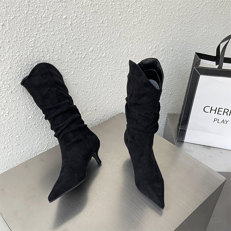 Natural Suede Embroidered Women Boots Leather Handmade Pointed Toe Spike Heel Autumn Winter Boots Cowboy New Western Retro Botas