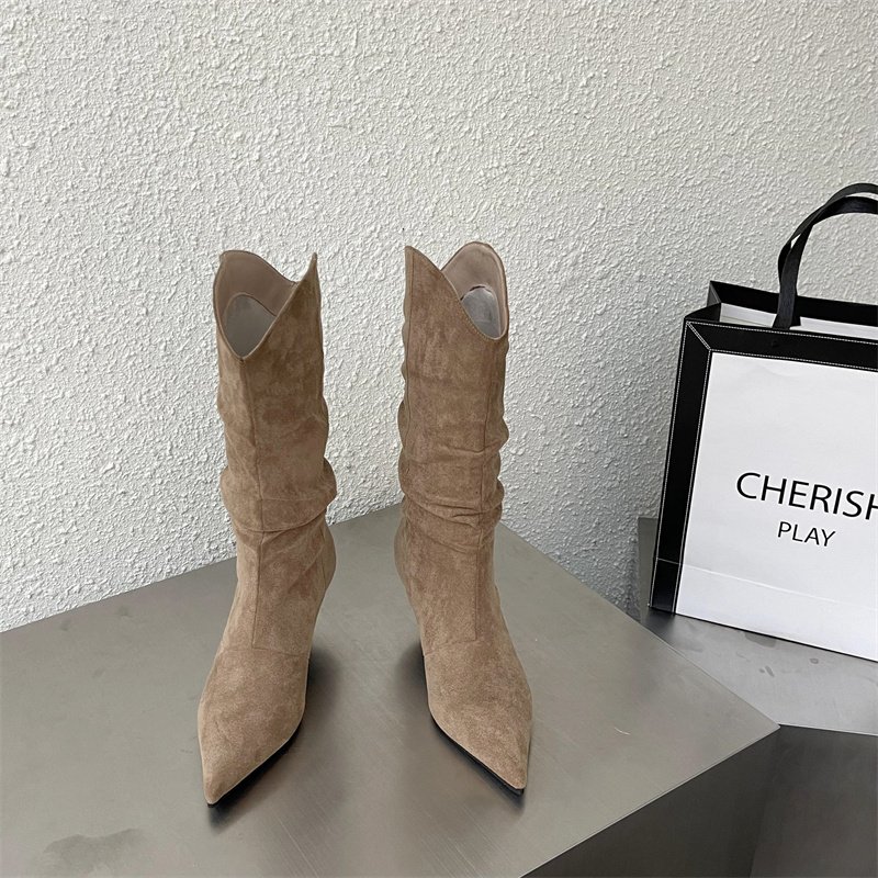 Natural Suede Embroidered Women Boots Leather Handmade Pointed Toe Spike Heel Autumn Winter Boots Cowboy New Western Retro Botas