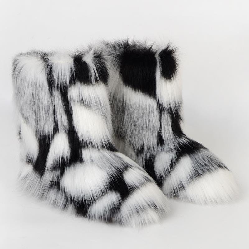2023 Women faux fluffy fur snow boots set ladies high winter warm furry fur boots with matching purse and headband