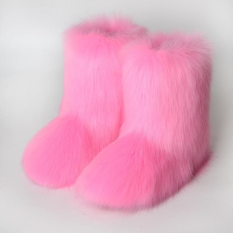2023 Women faux fluffy fur snow boots set ladies high winter warm furry fur boots with matching purse and headband
