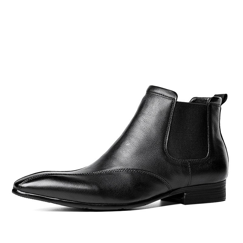durable black cow leather rubber sole fashion chelsea short boots men's high top business leather boots