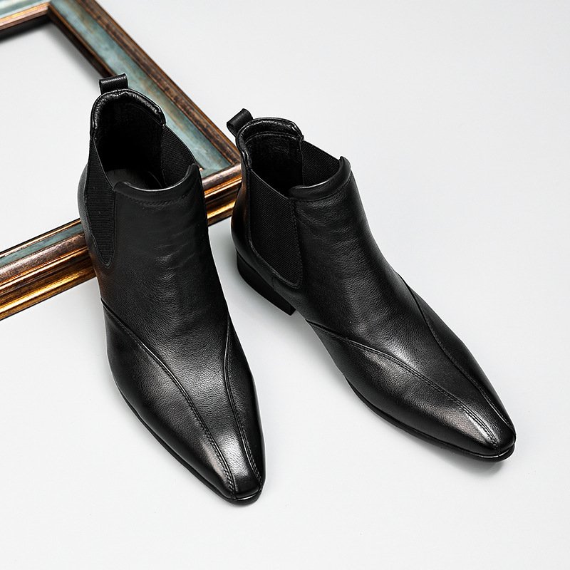 durable black cow leather rubber sole fashion chelsea short boots men's high top business leather boots