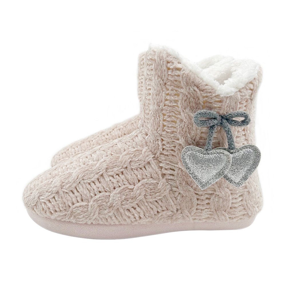 Women's Chenille Knit Bootie Slippers with Cute Heart Glitter Plush Fleece Memory Foam Cotton Warm Indoor Ankle Boots