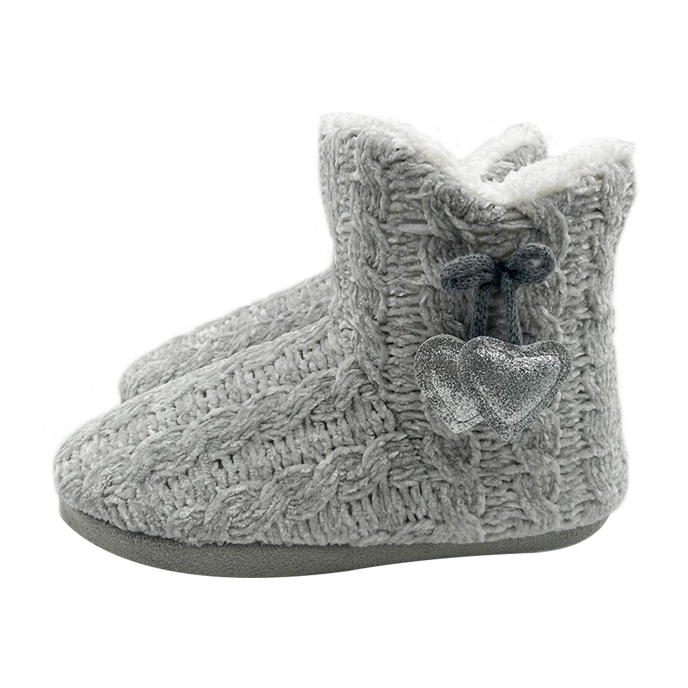 Women's Chenille Knit Bootie Slippers with Cute Heart Glitter Plush Fleece Memory Foam Cotton Warm Indoor Ankle Boots