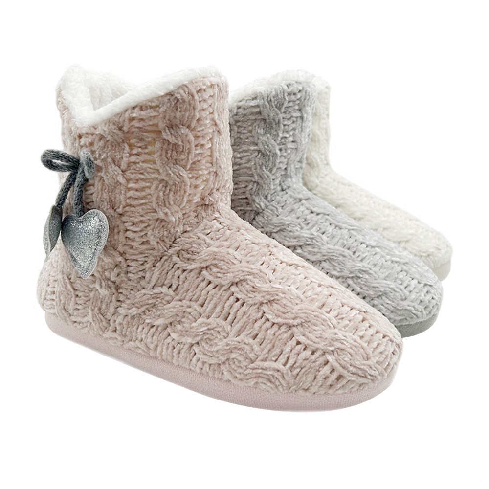 Women's Chenille Knit Bootie Slippers with Cute Heart Glitter Plush Fleece Memory Foam Cotton Warm Indoor Ankle Boots