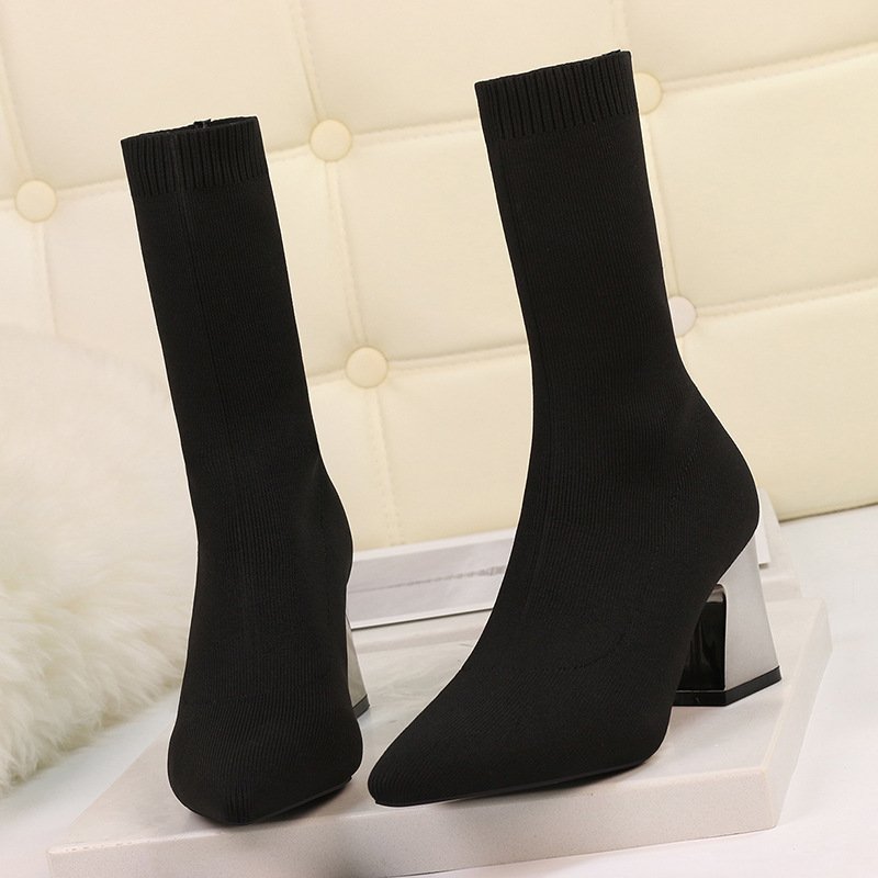 34-42 Botines Tacon Grueso Knit Stretchy Material Winter Fall Women's Heel Boots 2022