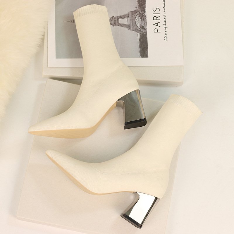34-42 Botines Tacon Grueso Knit Stretchy Material Winter Fall Women's Heel Boots 2022
