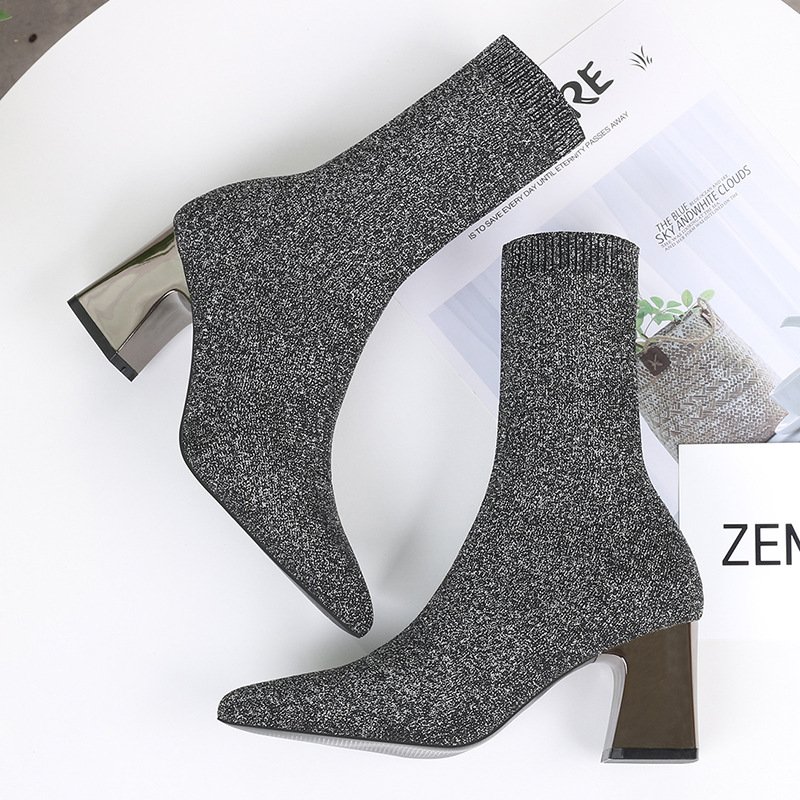 34-42 Botines Tacon Grueso Knit Stretchy Material Winter Fall Women's Heel Boots 2022