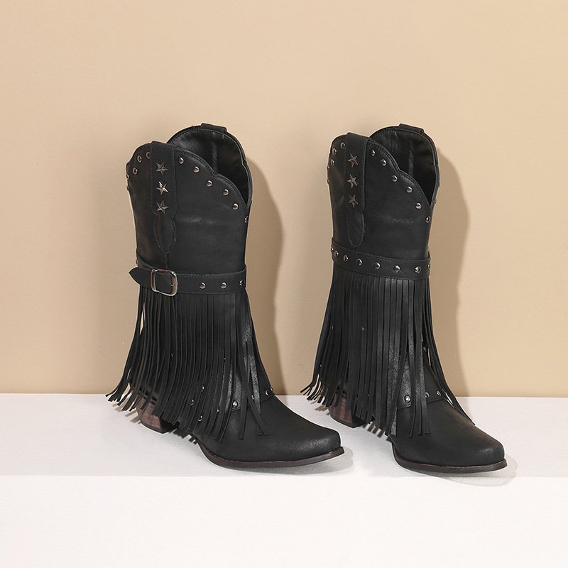 SHIKOL Black Leather Western Boots For Women 2024 Fashion Knee High Boots Tassel Rivet Custom Shoes Ladies Cowboy Boots