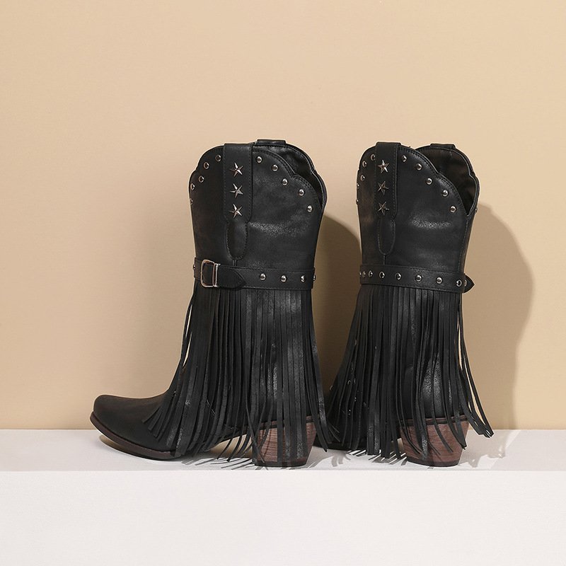 SHIKOL Black Leather Western Boots For Women 2024 Fashion Knee High Boots Tassel Rivet Custom Shoes Ladies Cowboy Boots