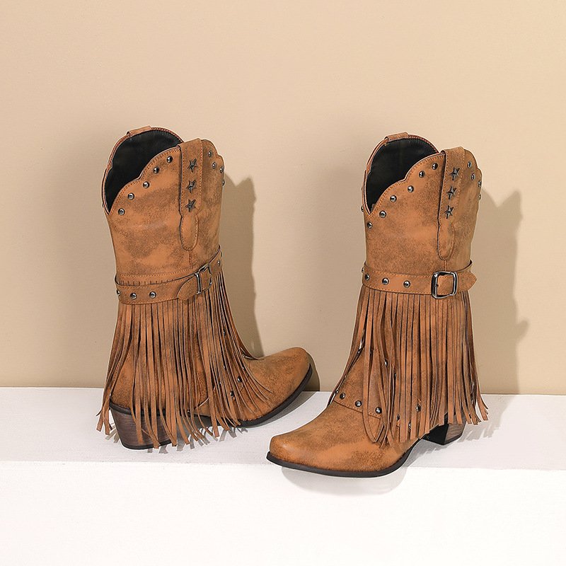 SHIKOL Black Leather Western Boots For Women 2024 Fashion Knee High Boots Tassel Rivet Custom Shoes Ladies Cowboy Boots