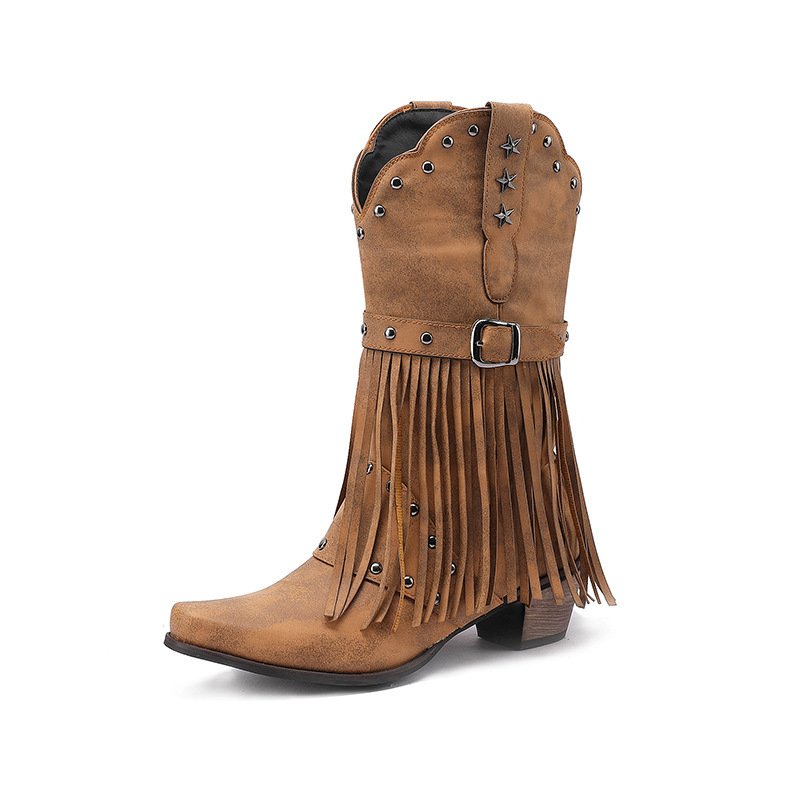 SHIKOL Black Leather Western Boots For Women 2024 Fashion Knee High Boots Tassel Rivet Custom Shoes Ladies Cowboy Boots