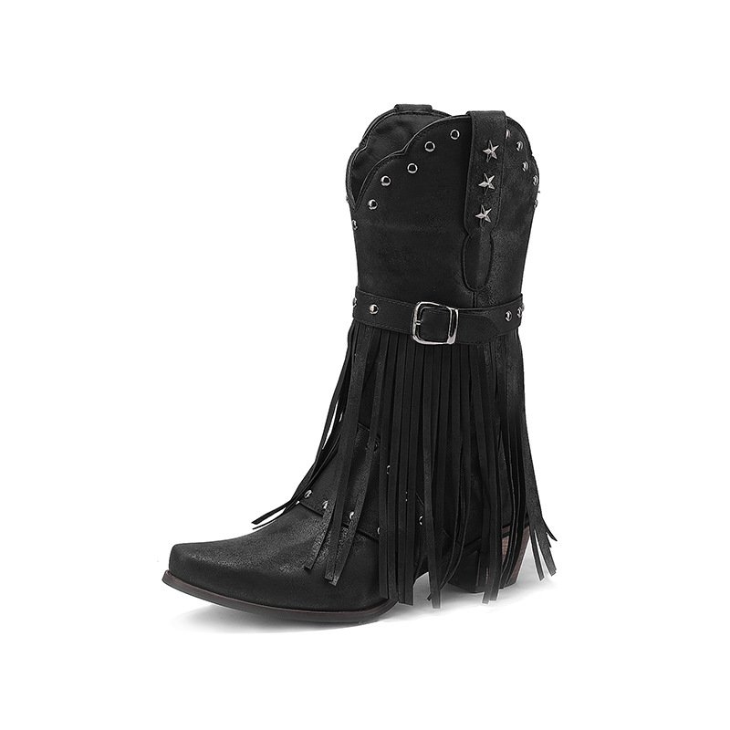 SHIKOL Black Leather Western Boots For Women 2024 Fashion Knee High Boots Tassel Rivet Custom Shoes Ladies Cowboy Boots
