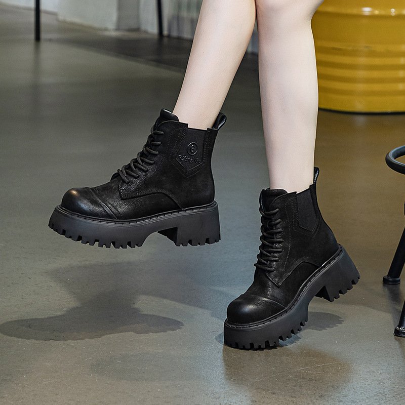 Attractive Price Thick Soled Ladies Martin Boots Short Boots Thick Heel Lace Up Top Layer Cowhide Big Head Boots