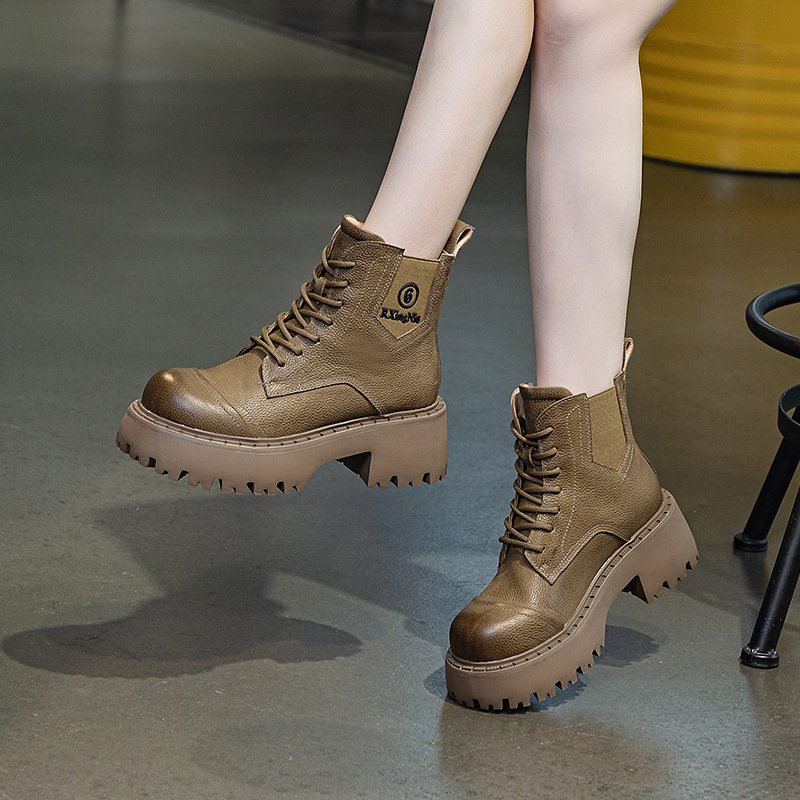 Attractive Price Thick Soled Ladies Martin Boots Short Boots Thick Heel Lace Up Top Layer Cowhide Big Head Boots