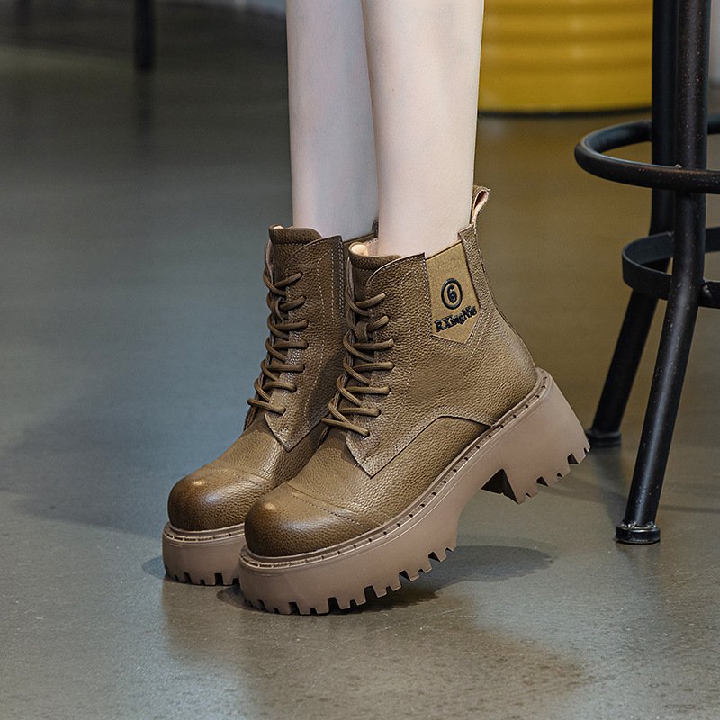 Attractive Price Thick Soled Ladies Martin Boots Short Boots Thick Heel Lace Up Top Layer Cowhide Big Head Boots
