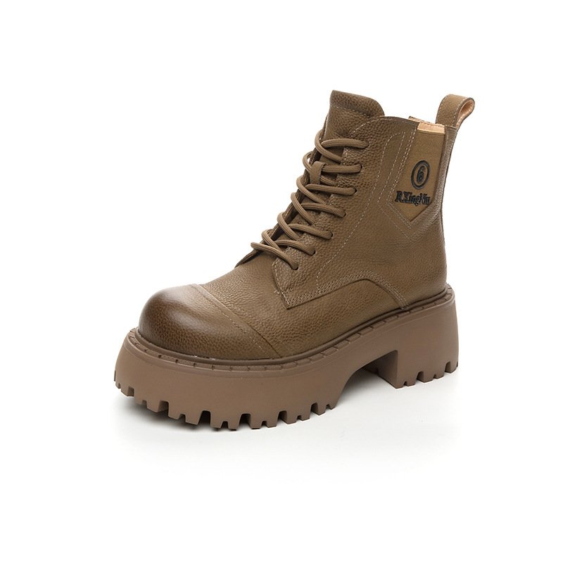 Attractive Price Thick Soled Ladies Martin Boots Short Boots Thick Heel Lace Up Top Layer Cowhide Big Head Boots