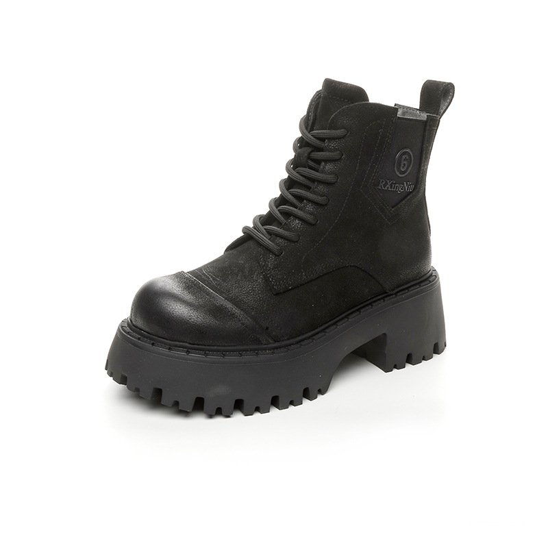 Attractive Price Thick Soled Ladies Martin Boots Short Boots Thick Heel Lace Up Top Layer Cowhide Big Head Boots