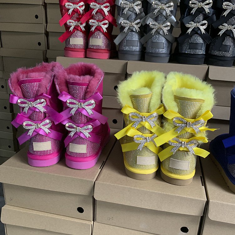 Boots Ladies Sheepskin Shoes Wholesale Famous Band Fur for Women and Fashion PVC Cotton Fabric Winter Boots Midi Anti-slip