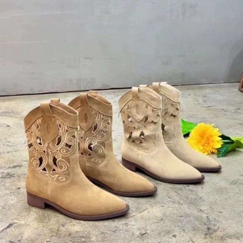 Western Cowboy Boots for Women Ankle High Cowgirls Chunky Heel Pointed Toe Pull-On Classic Boots