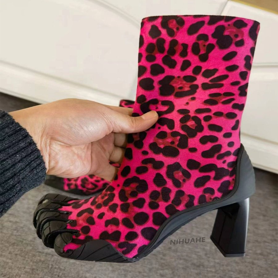 Women Five Separated Toe Stretch Sock Ankle Boots Strange Style Split Toe Square Heels Knitting Short Booties Fashion Shoes