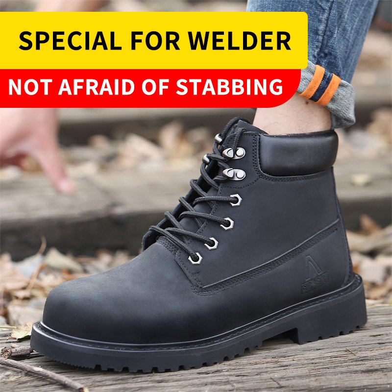 THREEDIV Genuine leather steel toe safety shoes, work shoes, men's boots