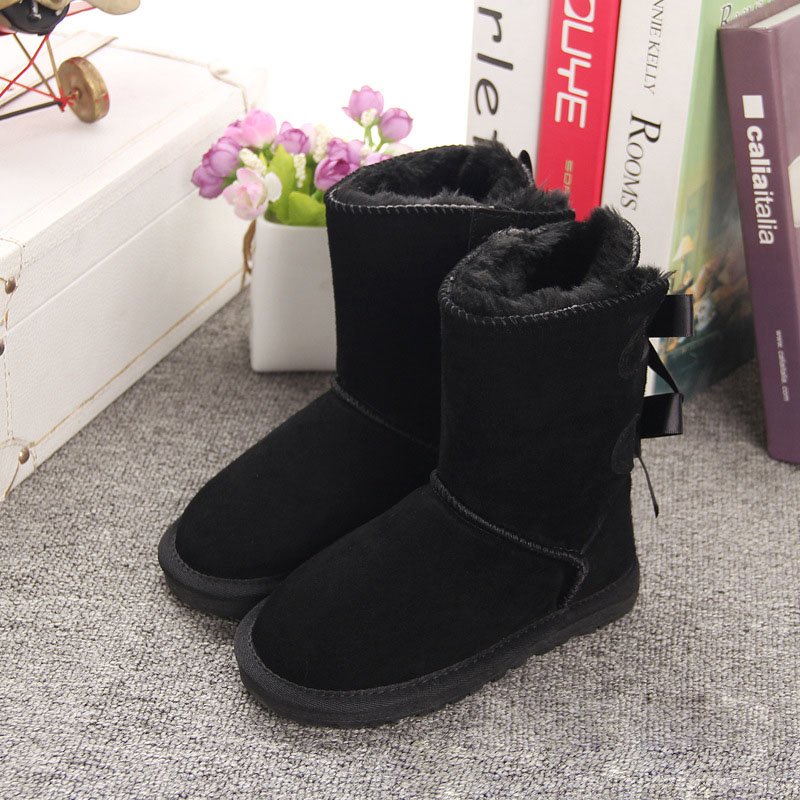 Brand New Winter Fashion Girls Sheepskin Fur Snow Boots with Double Bows Kids Mid-Calf Boots Mommy and Me Family Match Shoes