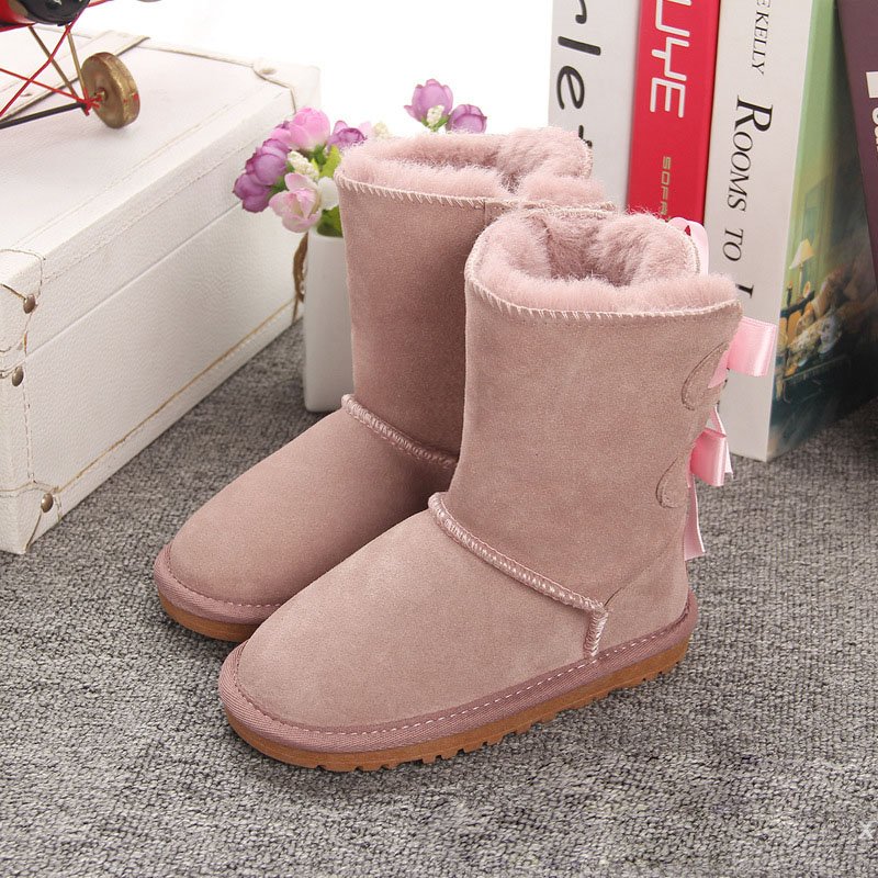 Brand New Winter Fashion Girls Sheepskin Fur Snow Boots with Double Bows Kids Mid-Calf Boots Mommy and Me Family Match Shoes