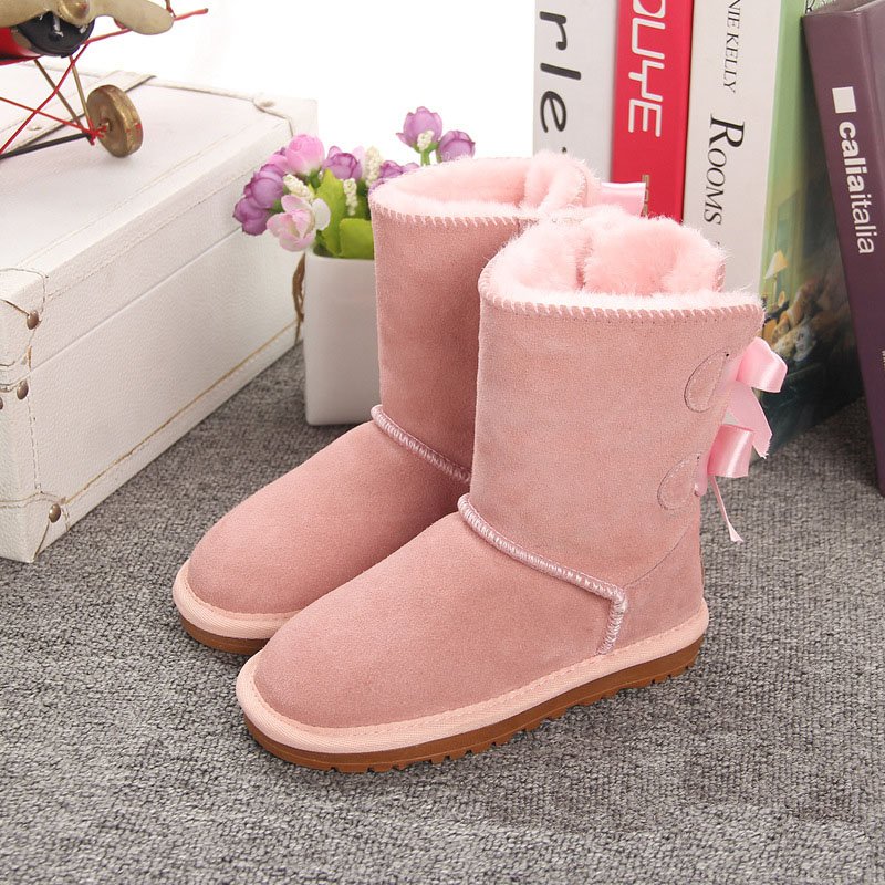 Brand New Winter Fashion Girls Sheepskin Fur Snow Boots with Double Bows Kids Mid-Calf Boots Mommy and Me Family Match Shoes