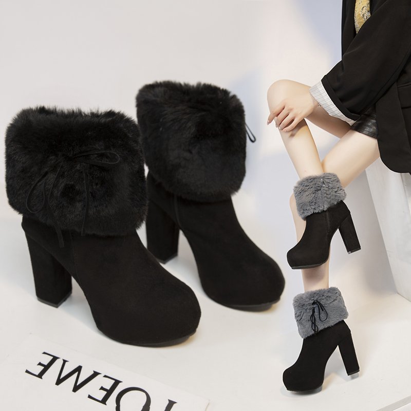 New Winter Women High Heels Shoes Warm Non-slip Block Cow Suede Warm Snow Boots Fashion Designer Plush Goth shoes