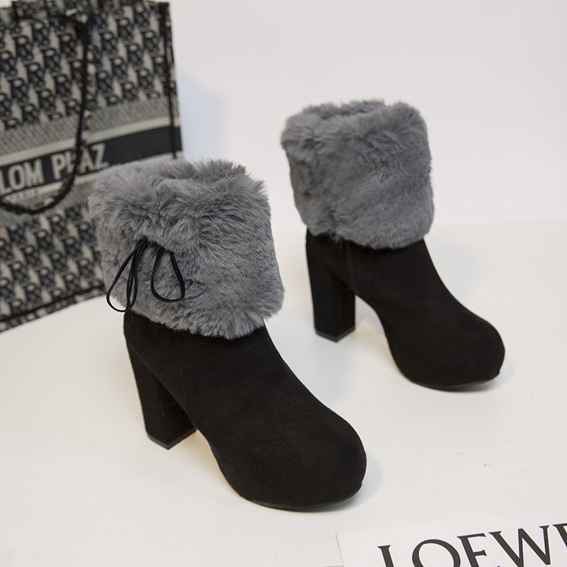 New Winter Women High Heels Shoes Warm Non-slip Block Cow Suede Warm Snow Boots Fashion Designer Plush Goth shoes