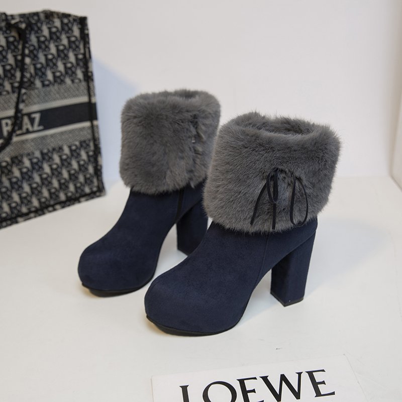 New Winter Women High Heels Shoes Warm Non-slip Block Cow Suede Warm Snow Boots Fashion Designer Plush Goth shoes