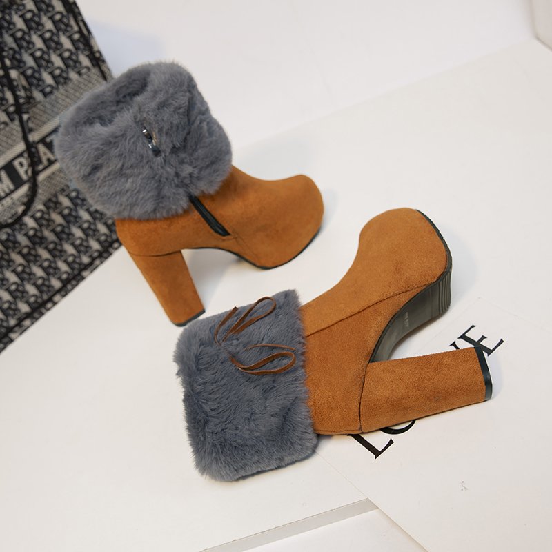 New Winter Women High Heels Shoes Warm Non-slip Block Cow Suede Warm Snow Boots Fashion Designer Plush Goth shoes