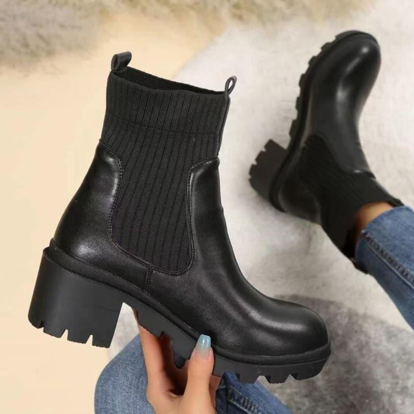 Autumn and Winter 2022 New Knitted Leather Short Boots Solid Thick Bottom Martin Boots Women's Boots