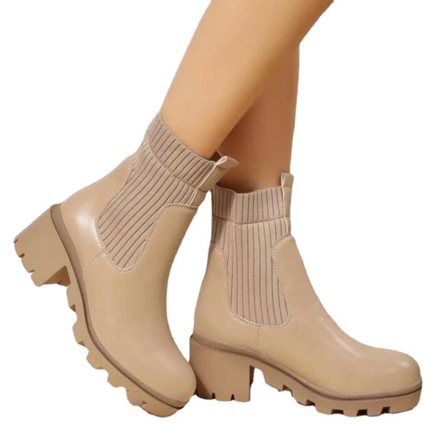 Autumn and Winter 2022 New Knitted Leather Short Boots Solid Thick Bottom Martin Boots Women's Boots