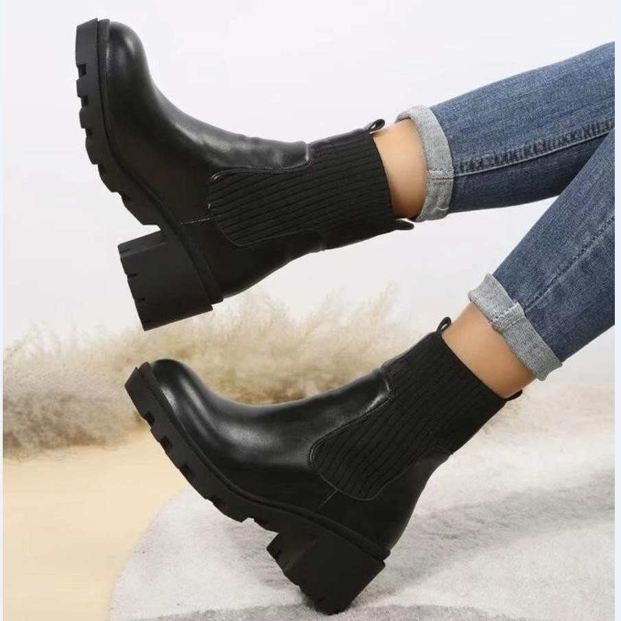 Autumn and Winter 2022 New Knitted Leather Short Boots Solid Thick Bottom Martin Boots Women's Boots