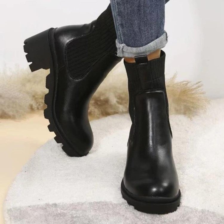 Autumn and Winter 2022 New Knitted Leather Short Boots Solid Thick Bottom Martin Boots Women's Boots