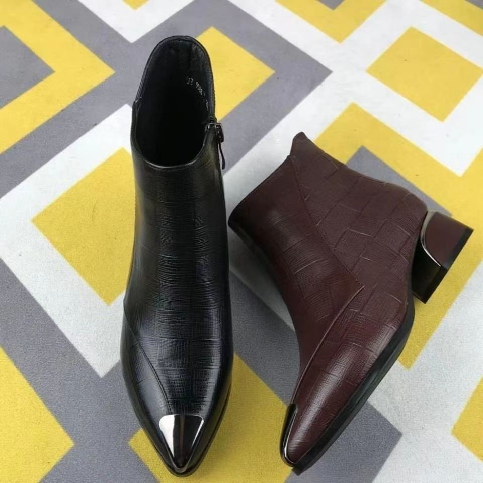 Xuanhui latest fashion pointed toe pu leather block heels boots lady high heel ankle boot shoes