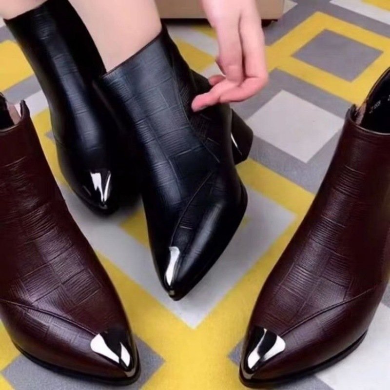Xuanhui latest fashion pointed toe pu leather block heels boots lady high heel ankle boot shoes