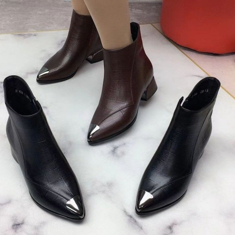 Xuanhui latest fashion pointed toe pu leather block heels boots lady high heel ankle boot shoes