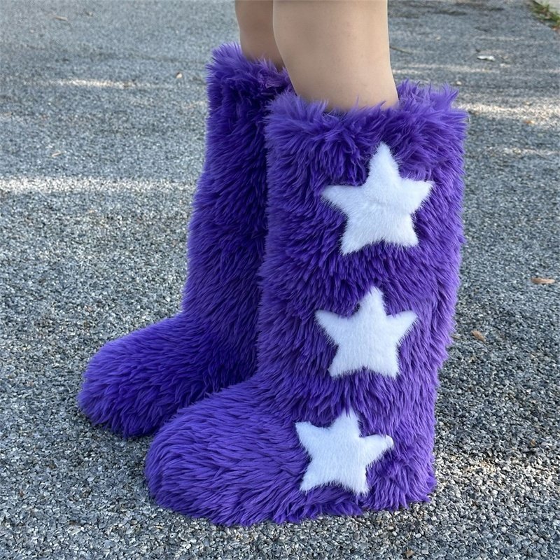 2024 Winter Women Five Star Faux Fur Long Boots Warm Plush Platform Knee-high Boot Outdoor Furry Cute Over-the-knee Pink Boots