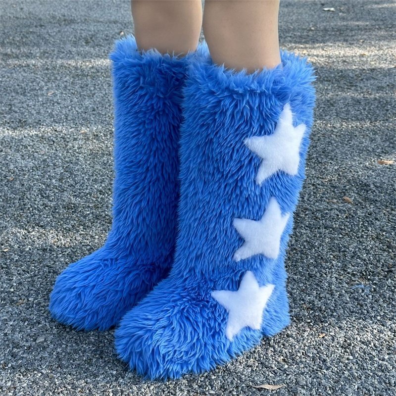 2024 Winter Women Five Star Faux Fur Long Boots Warm Plush Platform Knee-high Boot Outdoor Furry Cute Over-the-knee Pink Boots