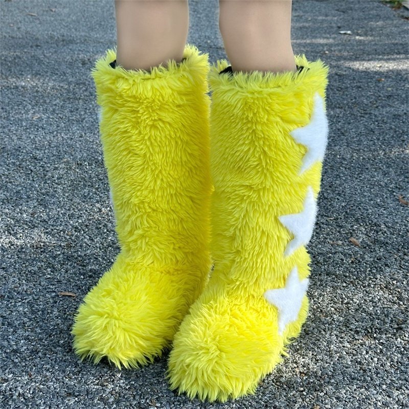2024 Winter Women Five Star Faux Fur Long Boots Warm Plush Platform Knee-high Boot Outdoor Furry Cute Over-the-knee Pink Boots