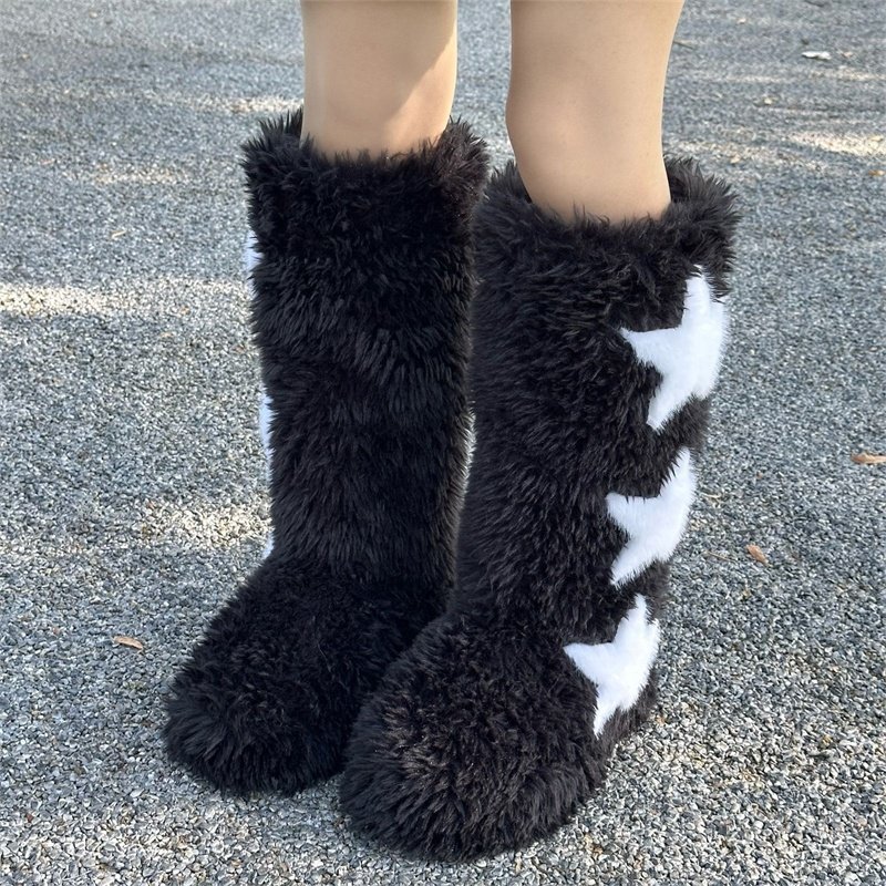 2024 Winter Women Five Star Faux Fur Long Boots Warm Plush Platform Knee-high Boot Outdoor Furry Cute Over-the-knee Pink Boots